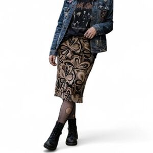 Vintage 90s Rapz Mesh Midi Skirt Brown Tan Abstract Retro Print Large